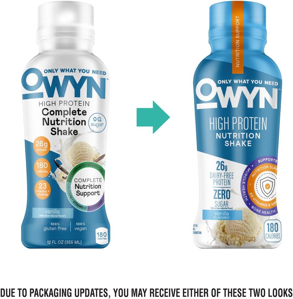 OWYN Only What You Need 26g High Protein Shake, Vanilla Flavored, 12 Ct | 26g Protein, Zero Sugar, 3g Fiber, Dairy Free, Plant Protein, Gluten Free, 12fl oz Bottles, 23 Vitamins and Minerals