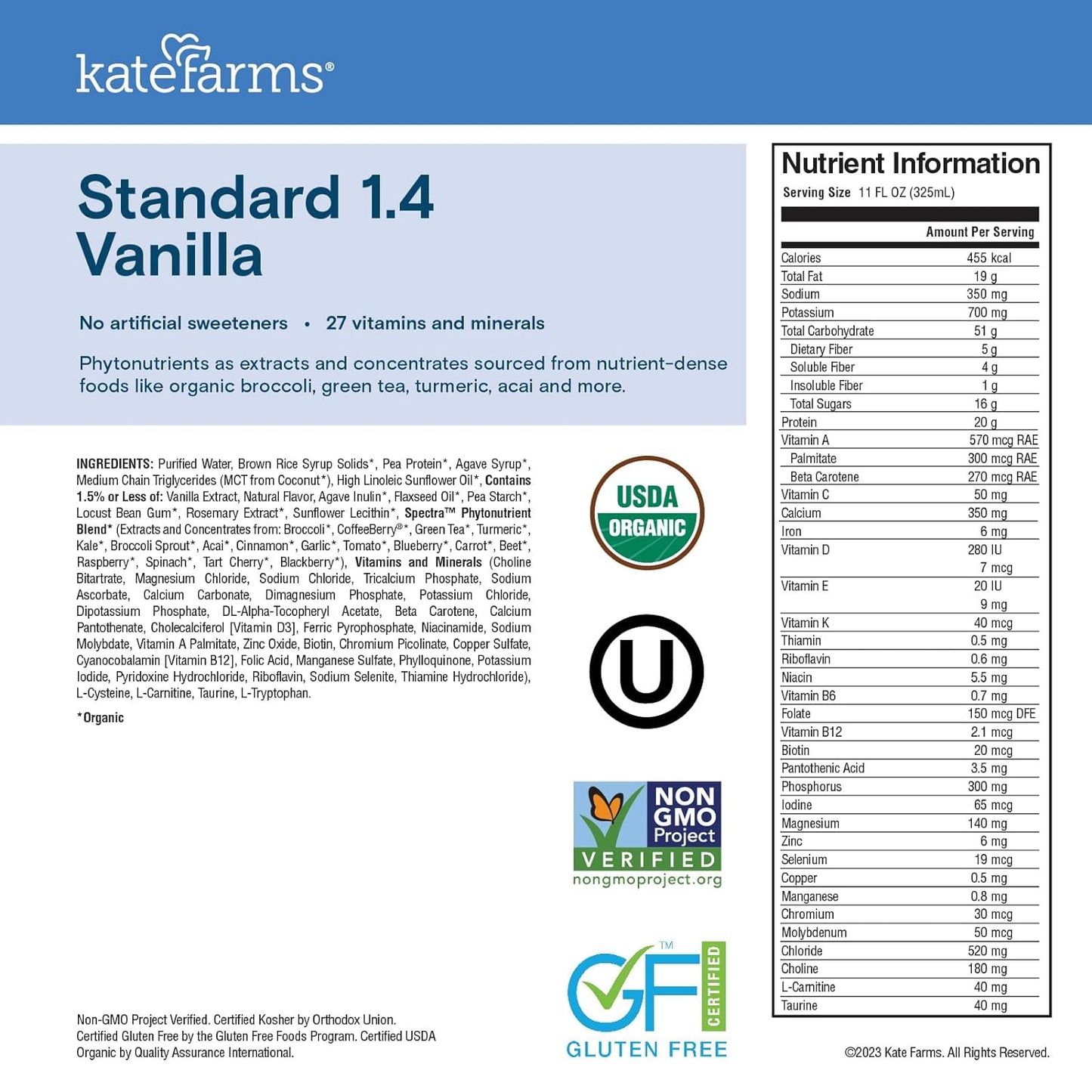 KATE FARMS Organic 1.4 High Calorie Shake, Vanilla, 20g Protein, 12 Pack | Organic vanilla high calorie nutrition shake with 20g protein plus 27 vitamins and minerals.