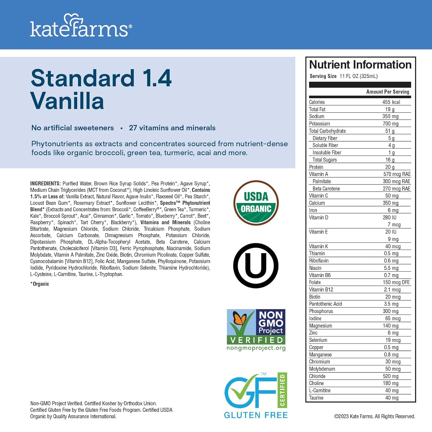 KATE FARMS Organic 1.4 High Calorie Shake, Vanilla, 20g Protein, 12 Pack | Organic vanilla high calorie nutrition shake with 20g protein plus 27 vitamins and minerals.