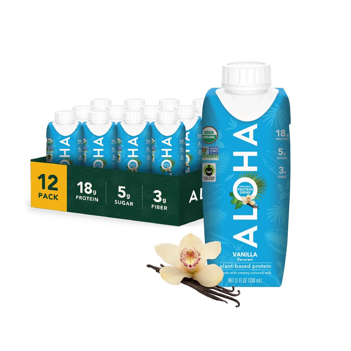 ALOHA Organic Plant-Based Protein Drink – Variety Pack | 18g Protein, 5g Sugar, 3g Fiber | Made with Creamy Coconut Milk, Fair Trade Certified, No Stevia | Vegan, Non-GMO, Gluten-Free, 11 fl oz (12 Pack)