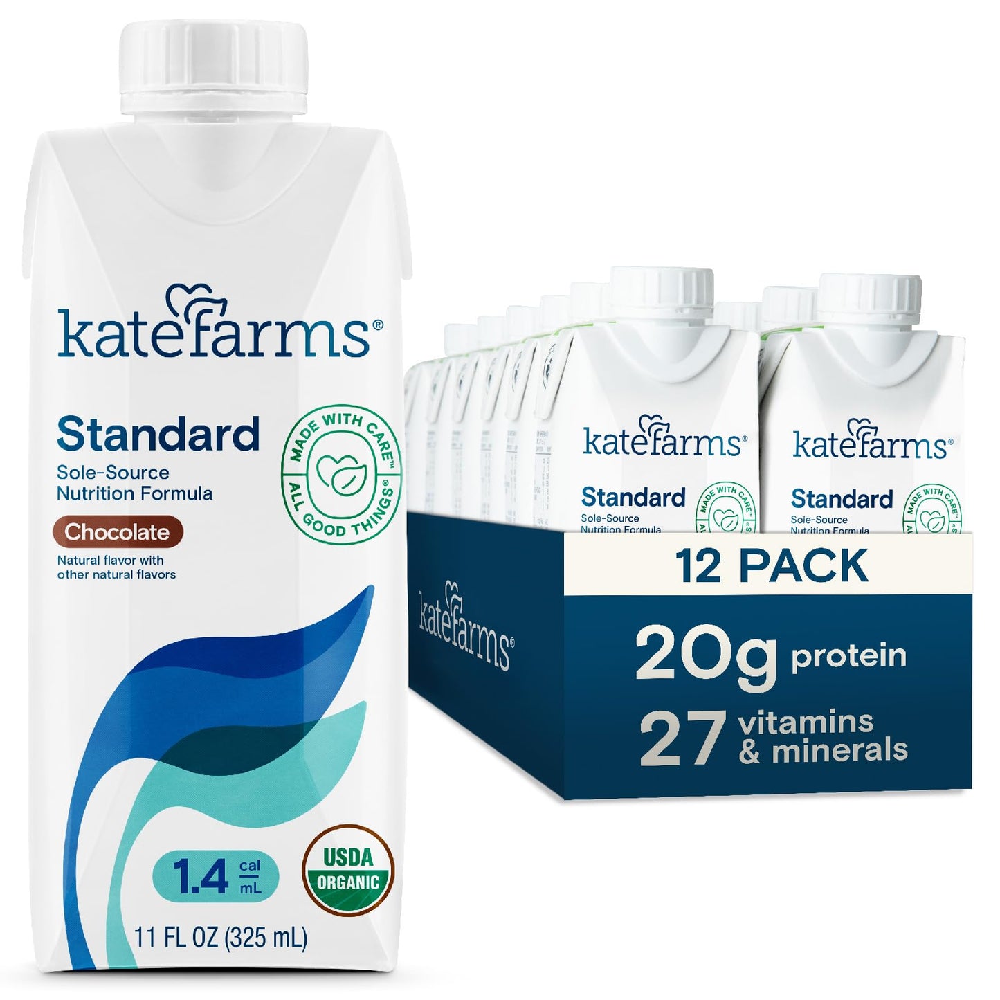 KATE FARMS Organic 1.4 High Calorie Shake, Vanilla, 20g Protein, 12 Pack | Organic vanilla high calorie nutrition shake with 20g protein plus 27 vitamins and minerals.