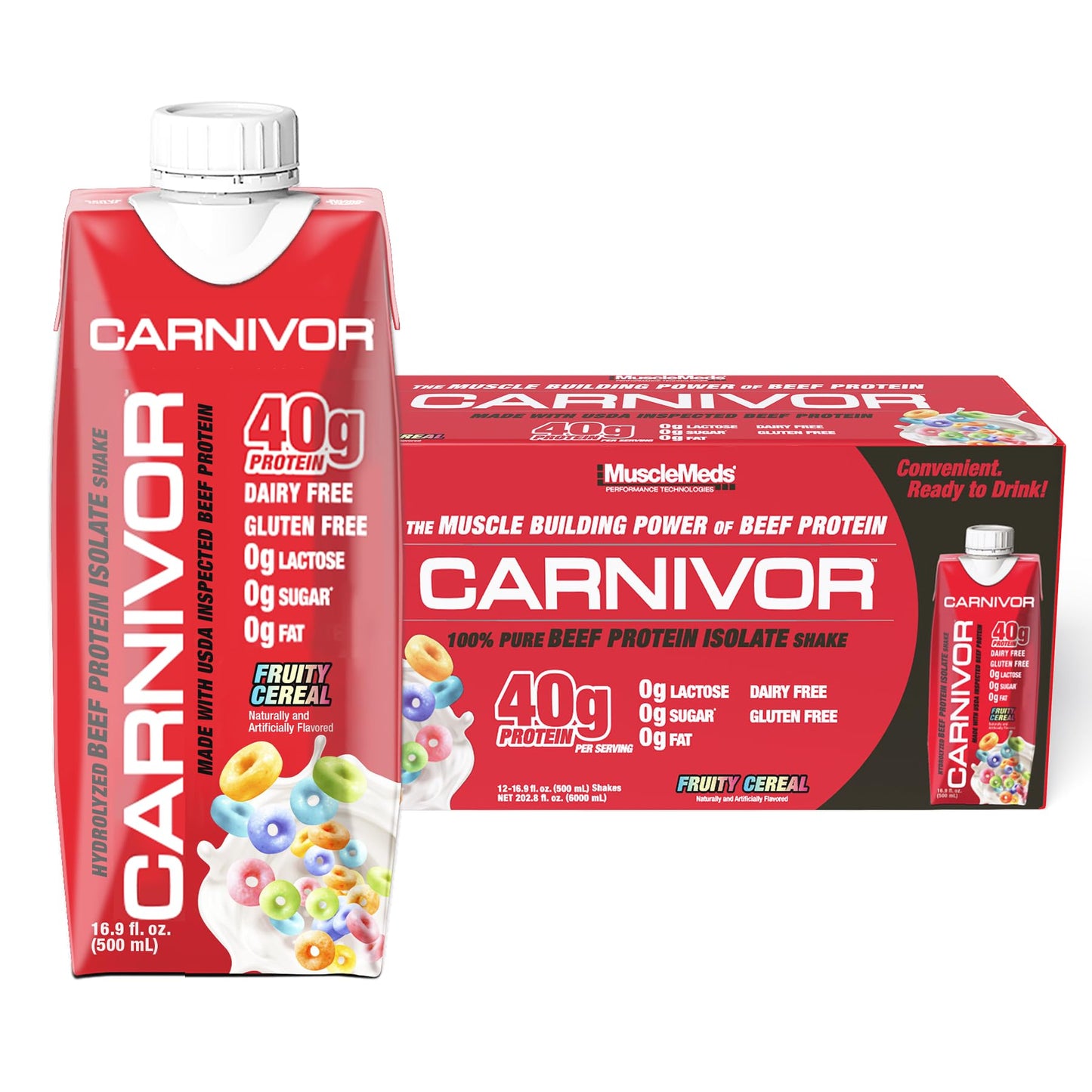 MuscleMeds Carnivor RTD, Ready to Drink Protein, Lactose Free, Sugar Free, 40g Isolate Protein, Muscle Building, Recovery, Vanilla Cupcake, 16.9 Fl Oz, Liquid (Pack of 12)