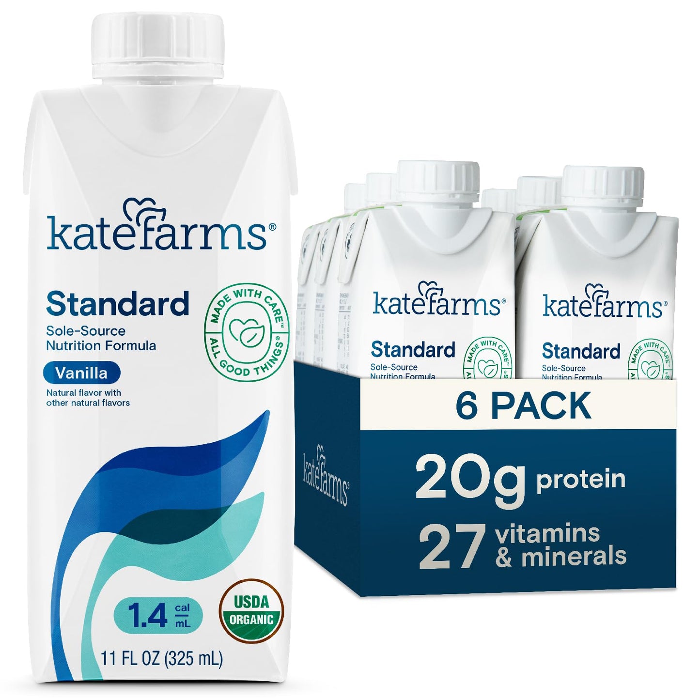 KATE FARMS Organic 1.4 High Calorie Shake, Vanilla, 20g Protein, 12 Pack | Organic vanilla high calorie nutrition shake with 20g protein plus 27 vitamins and minerals.
