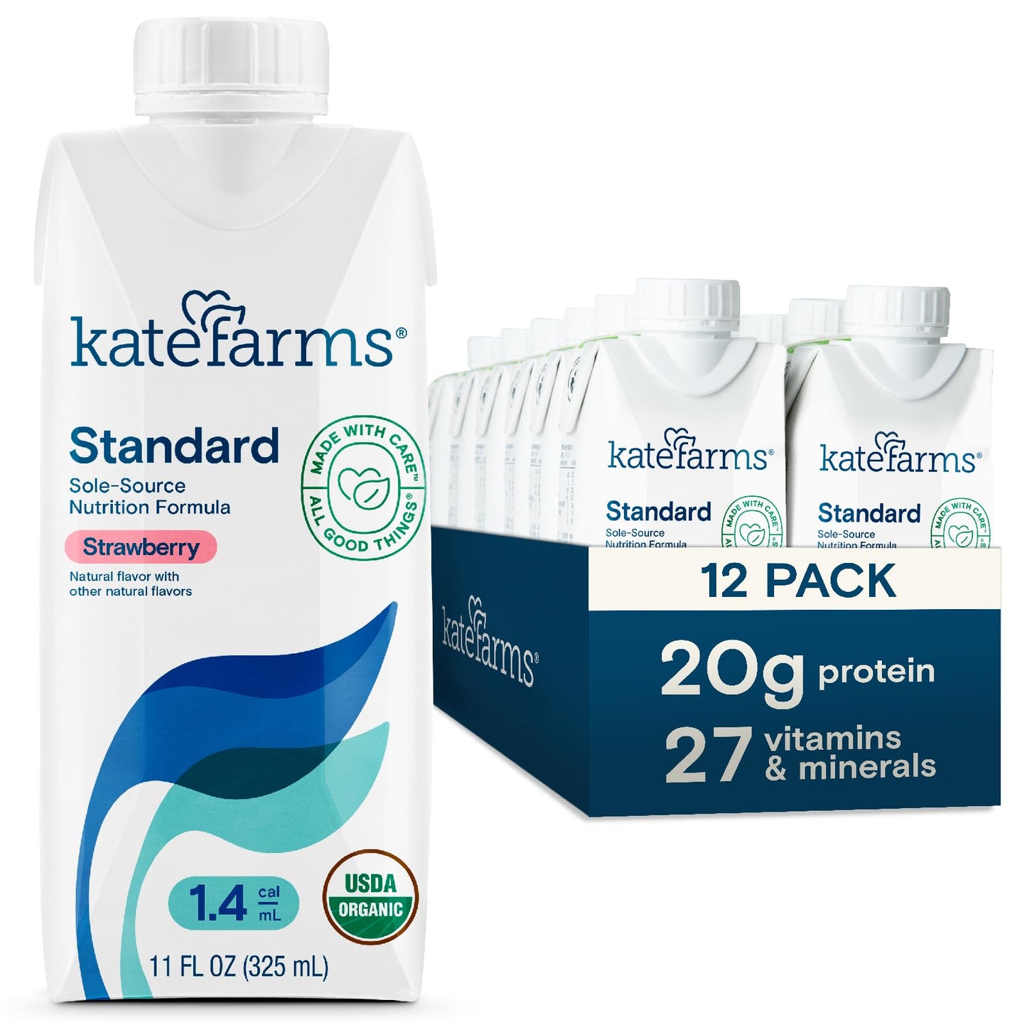 KATE FARMS Organic 1.4 High Calorie Shake, Vanilla, 20g Protein, 12 Pack | Organic vanilla high calorie nutrition shake with 20g protein plus 27 vitamins and minerals.