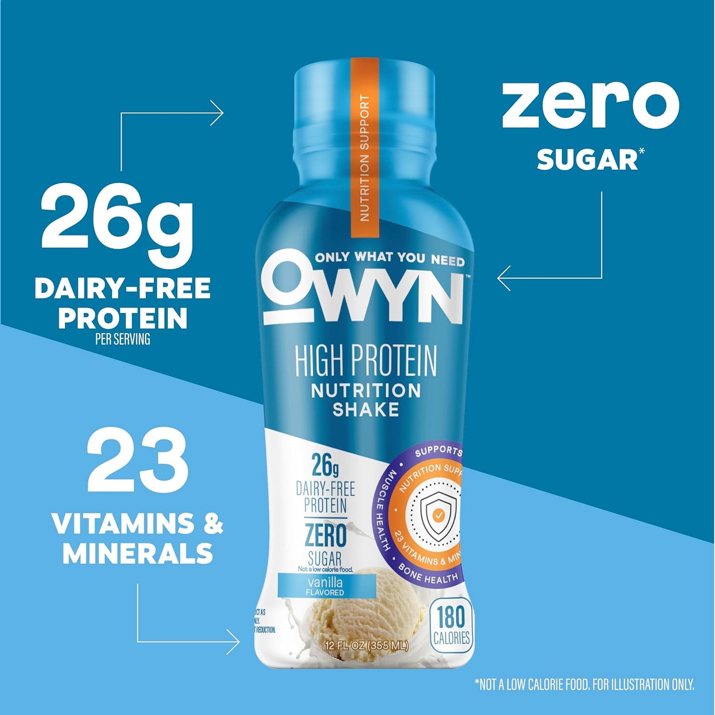 OWYN Only What You Need 26g High Protein Shake, Vanilla Flavored, 12 Ct | 26g Protein, Zero Sugar, 3g Fiber, Dairy Free, Plant Protein, Gluten Free, 12fl oz Bottles, 23 Vitamins and Minerals