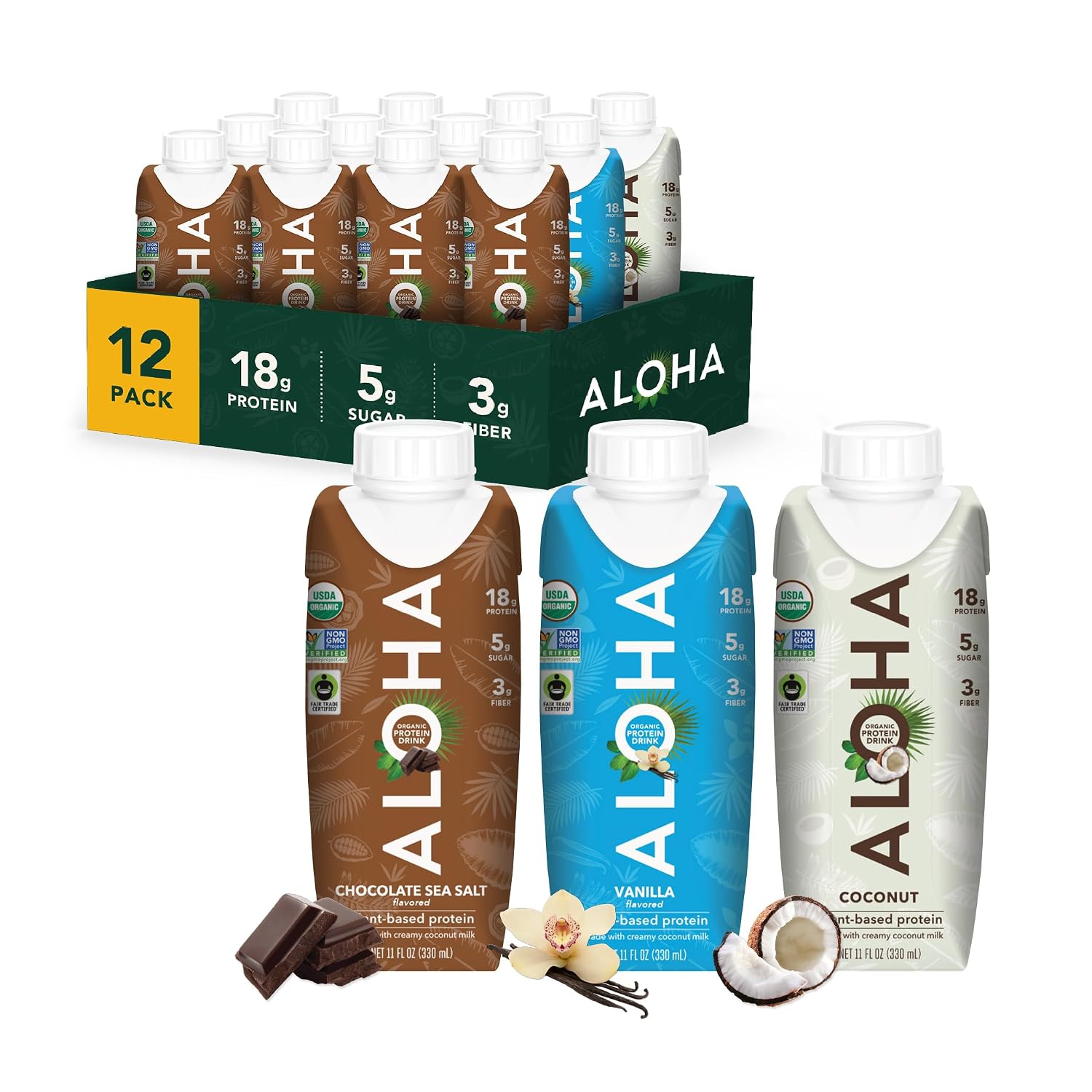 ALOHA Organic Plant-Based Protein Drink – Variety Pack | 18g Protein, 5g Sugar, 3g Fiber | Made with Creamy Coconut Milk, Fair Trade Certified, No Stevia | Vegan, Non-GMO, Gluten-Free, 11 fl oz (12 Pack)