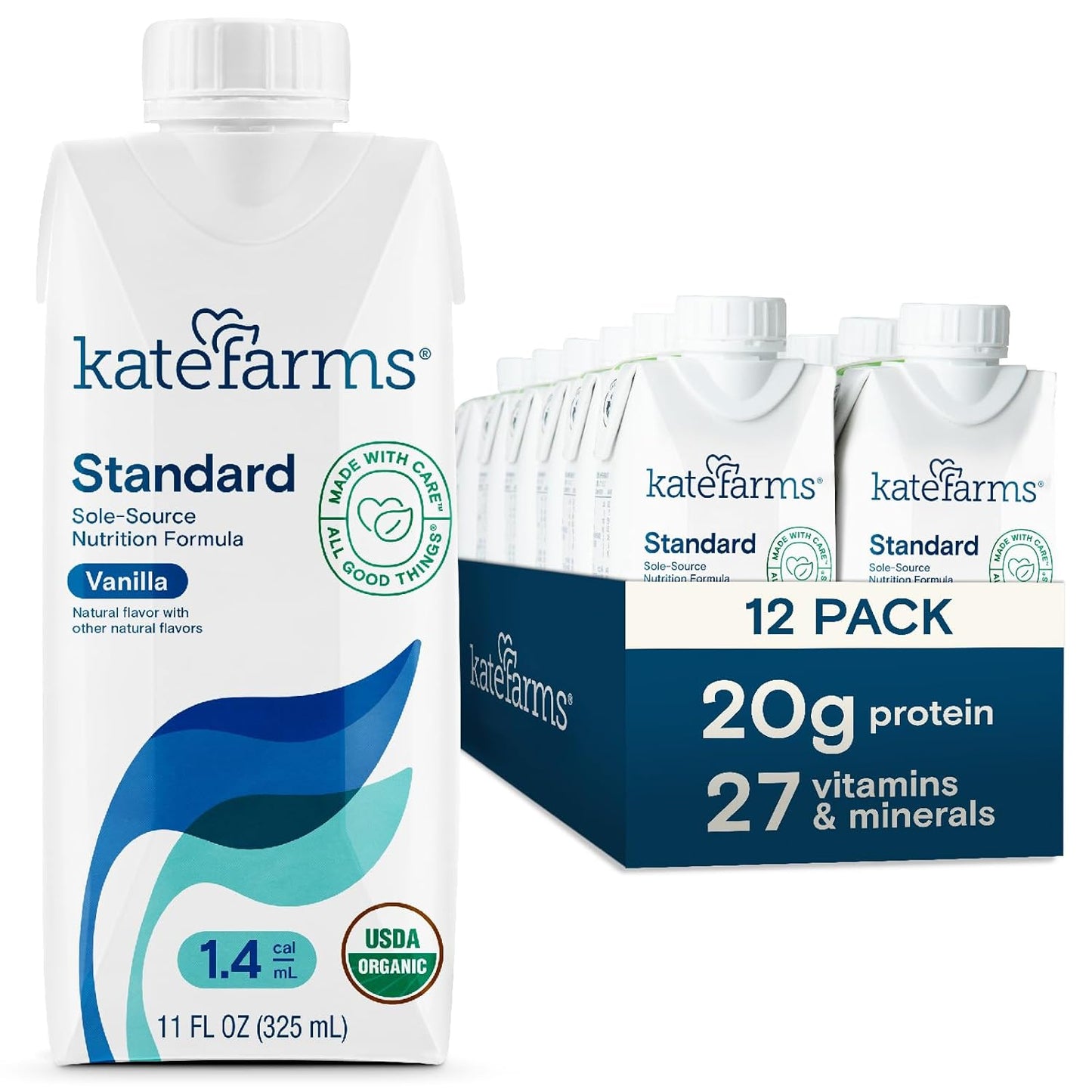 KATE FARMS Organic 1.4 High Calorie Shake, Vanilla, 20g Protein, 12 Pack | Organic vanilla high calorie nutrition shake with 20g protein plus 27 vitamins and minerals.