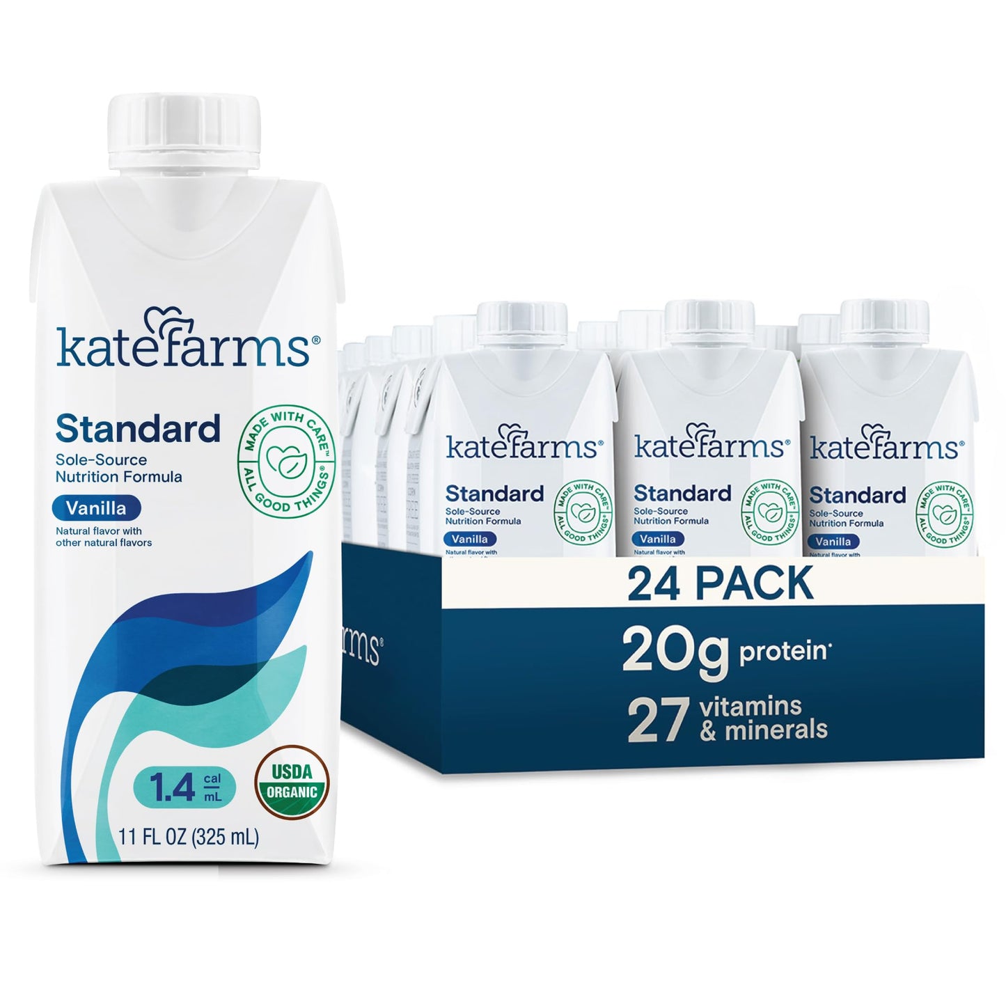 KATE FARMS Organic 1.4 High Calorie Shake, Vanilla, 20g Protein, 12 Pack | Organic vanilla high calorie nutrition shake with 20g protein plus 27 vitamins and minerals.
