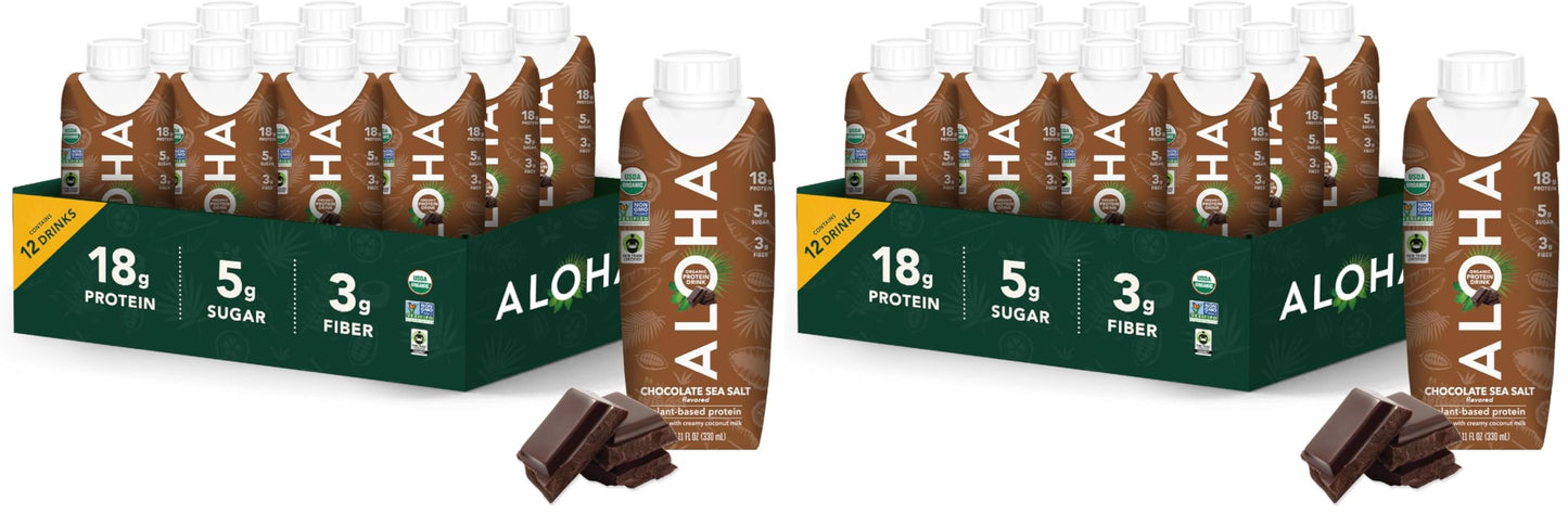 ALOHA Organic Plant-Based Protein Drink – Variety Pack | 18g Protein, 5g Sugar, 3g Fiber | Made with Creamy Coconut Milk, Fair Trade Certified, No Stevia | Vegan, Non-GMO, Gluten-Free, 11 fl oz (12 Pack)