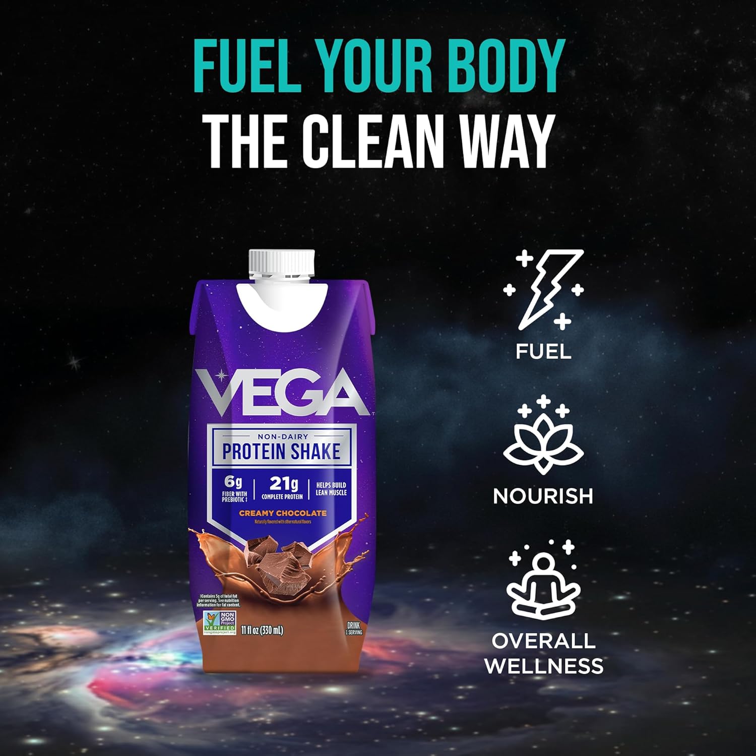 Vega Ready to Drink Vegan Protein Shake, Creamy Chocolate – 21g Plant Protein, Non Dairy & Lactose Free Protein Shake for Men & Women, Gluten Free, 330ml (12 Pack)