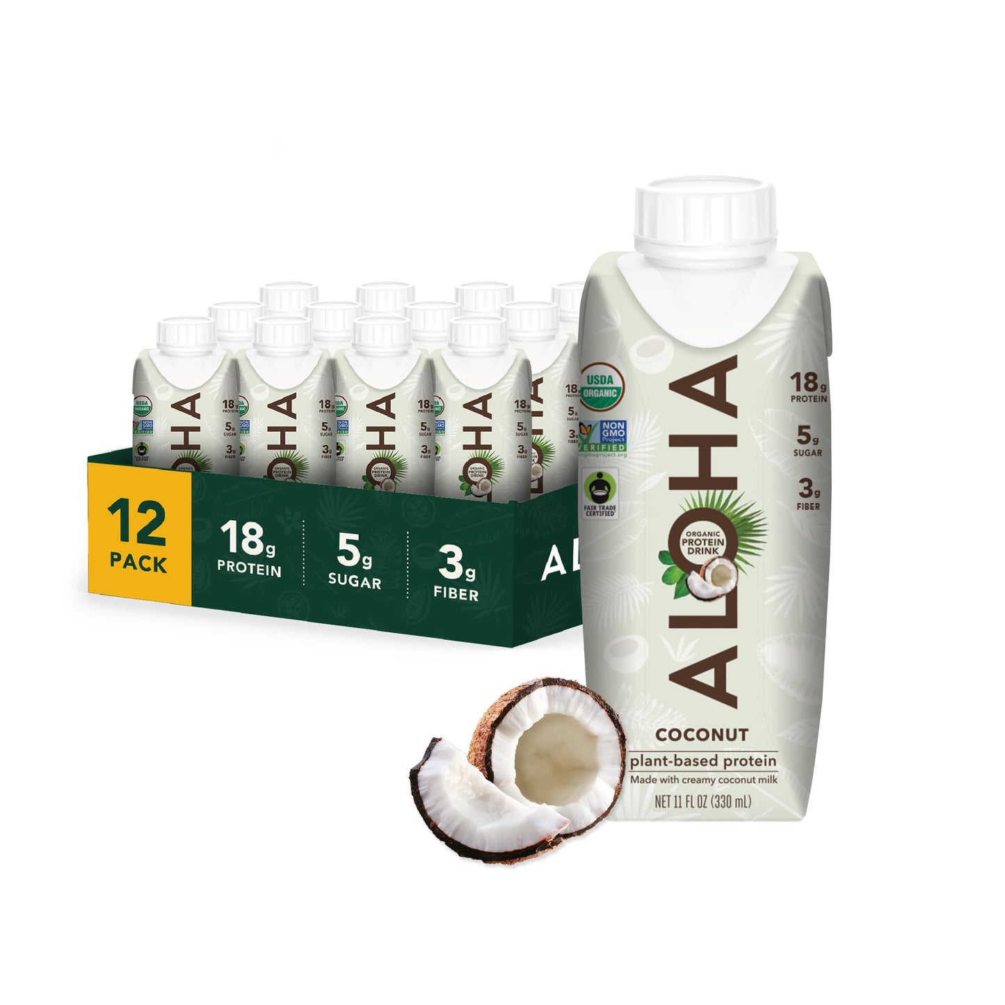 ALOHA Organic Plant-Based Protein Drink – Variety Pack | 18g Protein, 5g Sugar, 3g Fiber | Made with Creamy Coconut Milk, Fair Trade Certified, No Stevia | Vegan, Non-GMO, Gluten-Free, 11 fl oz (12 Pack)