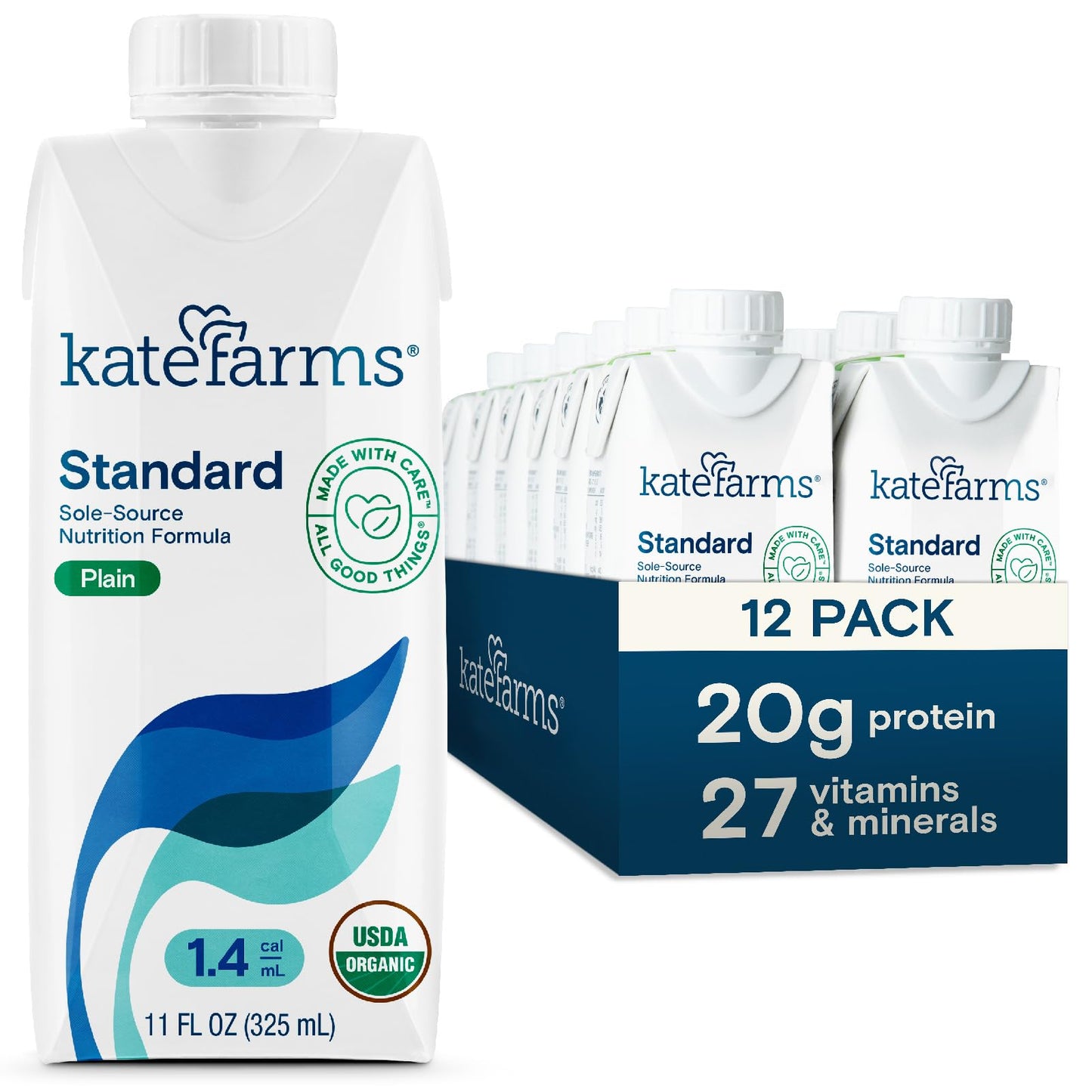 KATE FARMS Organic 1.4 High Calorie Shake, Vanilla, 20g Protein, 12 Pack | Organic vanilla high calorie nutrition shake with 20g protein plus 27 vitamins and minerals.