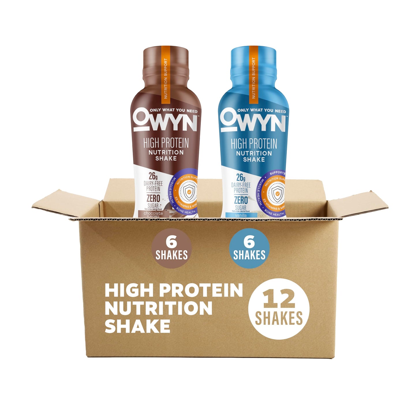 OWYN Only What You Need 26g High Protein Shake, Vanilla Flavored, 12 Ct | 26g Protein, Zero Sugar, 3g Fiber, Dairy Free, Plant Protein, Gluten Free, 12fl oz Bottles, 23 Vitamins and Minerals