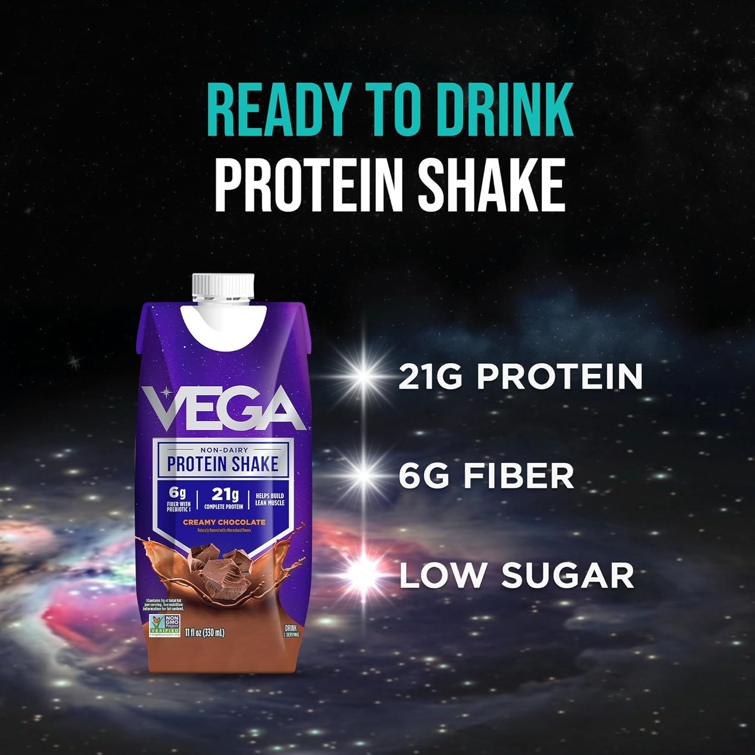 Vega Ready to Drink Vegan Protein Shake, Creamy Chocolate – 21g Plant Protein, Non Dairy & Lactose Free Protein Shake for Men & Women, Gluten Free, 330ml (12 Pack)