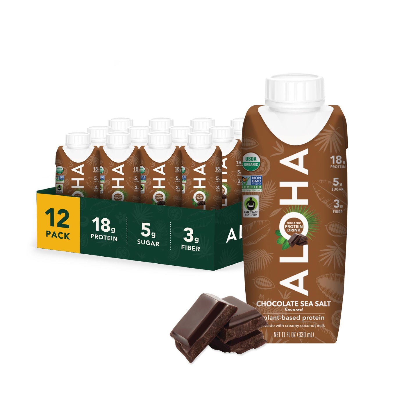 ALOHA Organic Plant-Based Protein Drink – Variety Pack | 18g Protein, 5g Sugar, 3g Fiber | Made with Creamy Coconut Milk, Fair Trade Certified, No Stevia | Vegan, Non-GMO, Gluten-Free, 11 fl oz (12 Pack)