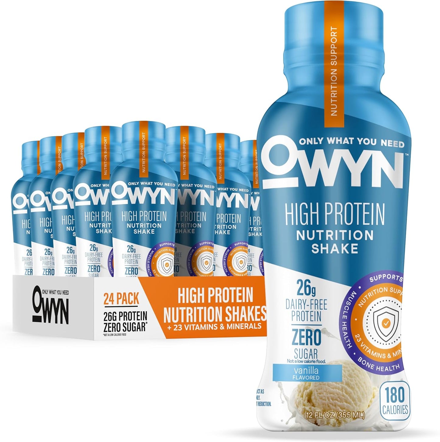 OWYN Only What You Need 26g High Protein Shake, Vanilla Flavored, 12 Ct | 26g Protein, Zero Sugar, 3g Fiber, Dairy Free, Plant Protein, Gluten Free, 12fl oz Bottles, 23 Vitamins and Minerals