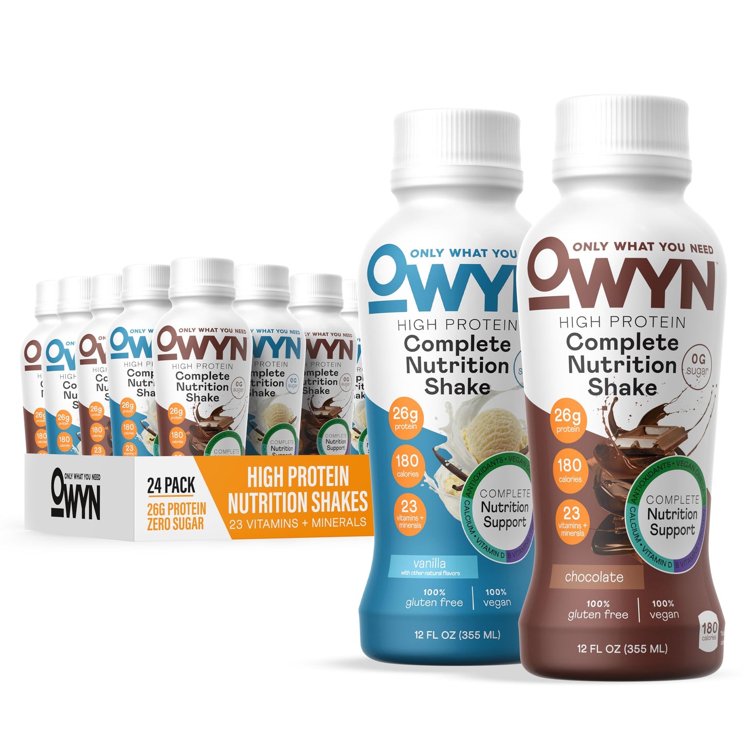 OWYN Only What You Need 26g High Protein Shake, Vanilla Flavored, 12 Ct | 26g Protein, Zero Sugar, 3g Fiber, Dairy Free, Plant Protein, Gluten Free, 12fl oz Bottles, 23 Vitamins and Minerals