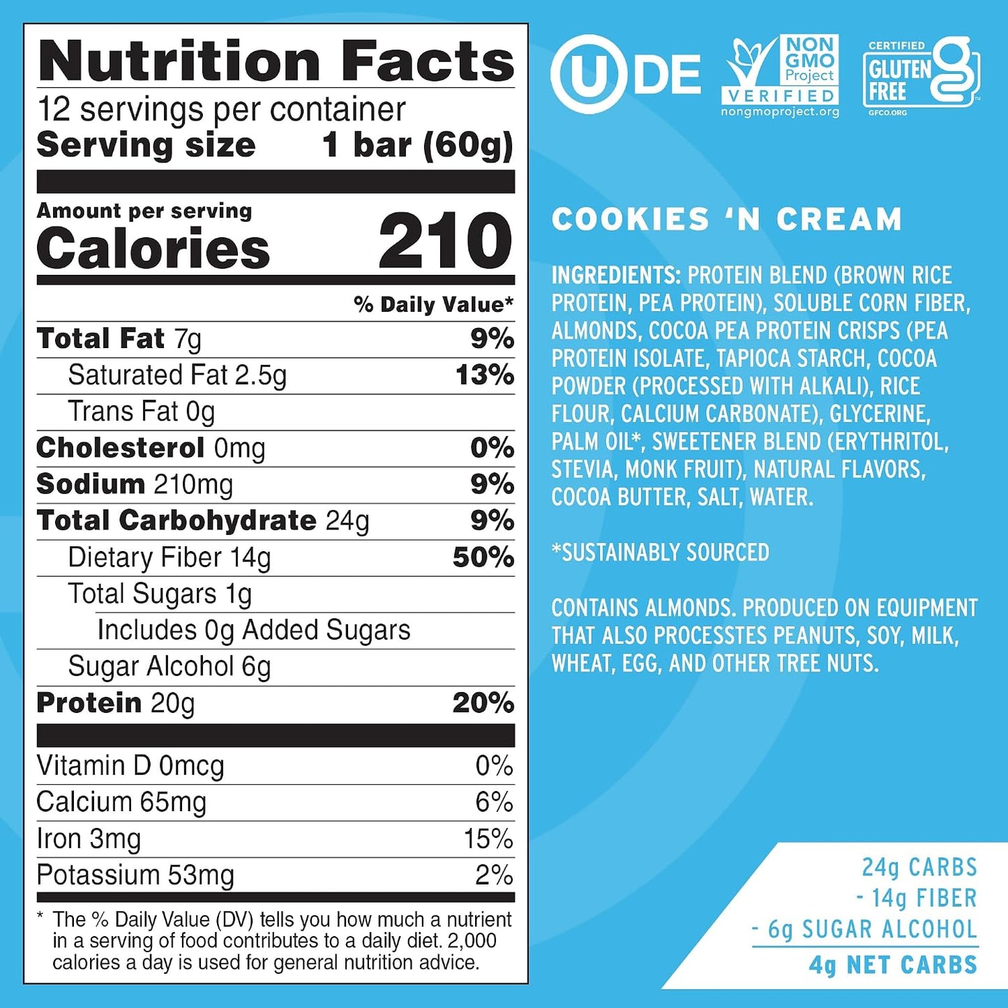 No Cow Cookies 'n Cream Vegan Protein Bars, 12 Pack | 20g High Plant-Based Protein, High Fiber, Low Sugar, Gluten-Free, Dairy-Free, Soy-Free, Keto-Friendly Snack Bars