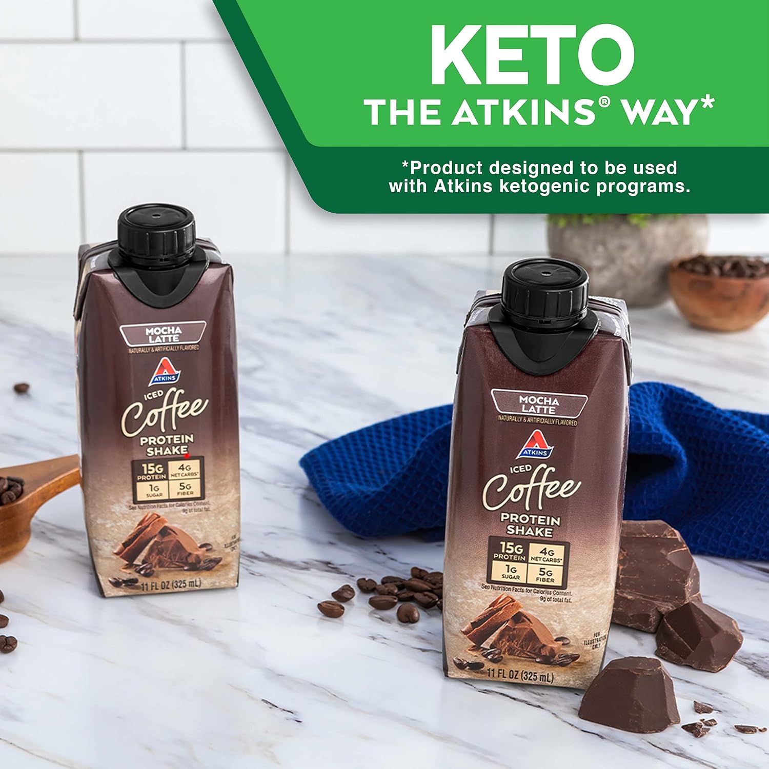 Atkins Gluten Free Protein-Rich Shake, Mocha Latte, Keto Friendly, 15 Count
